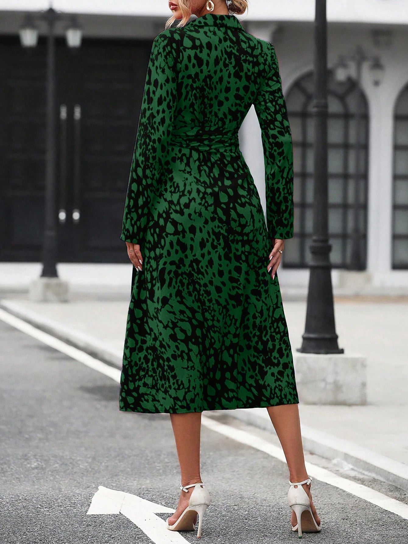 Elegant Random Print Button Down Shirt Dress Women's Long Sleeve Belted Waist Midi Dress Spring Fall Office Casual Dress - PratSN