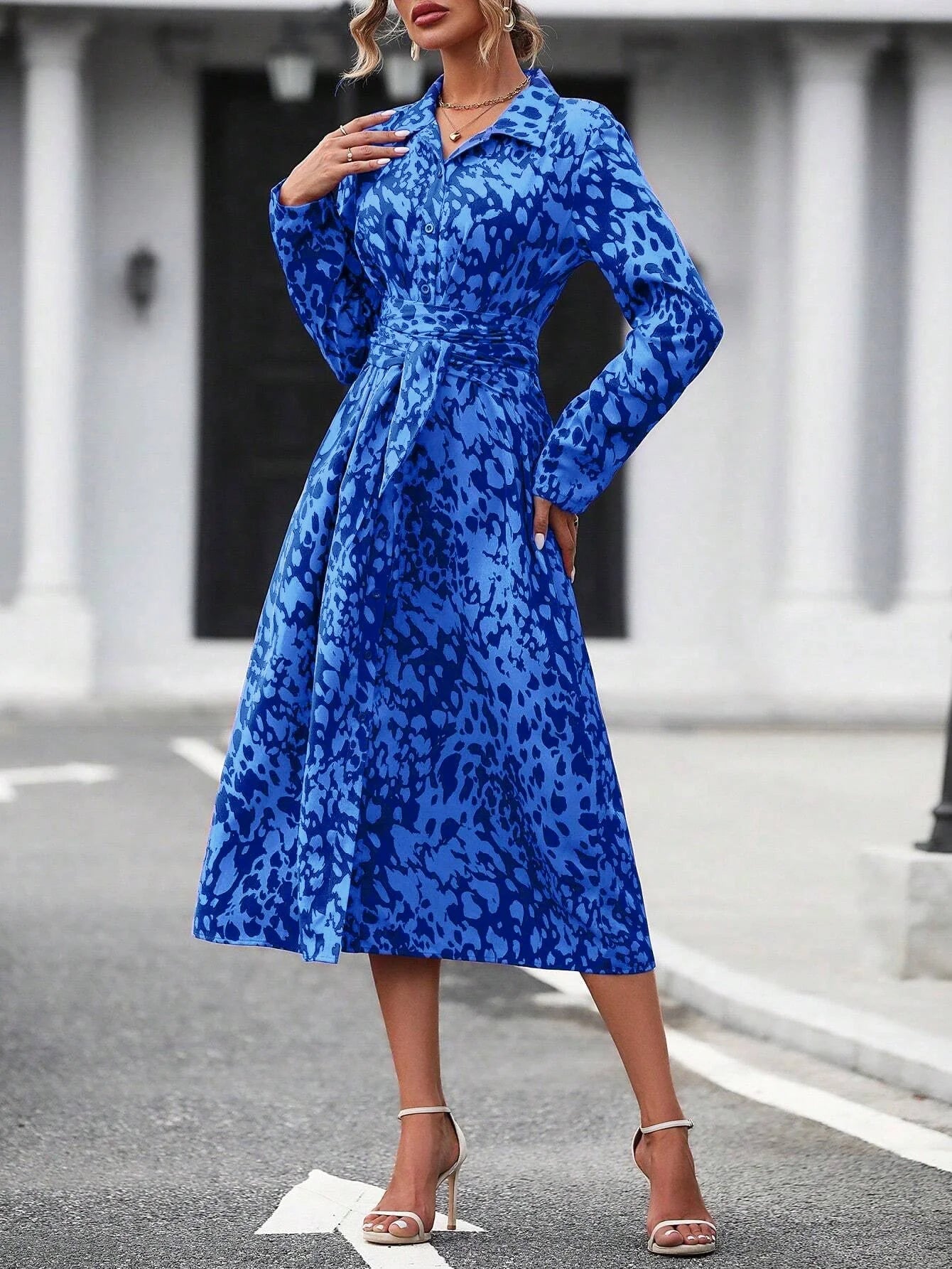 Elegant Random Print Button Down Shirt Dress Women's Long Sleeve Belted Waist Midi Dress Spring Fall Office Casual Dress - PratSN