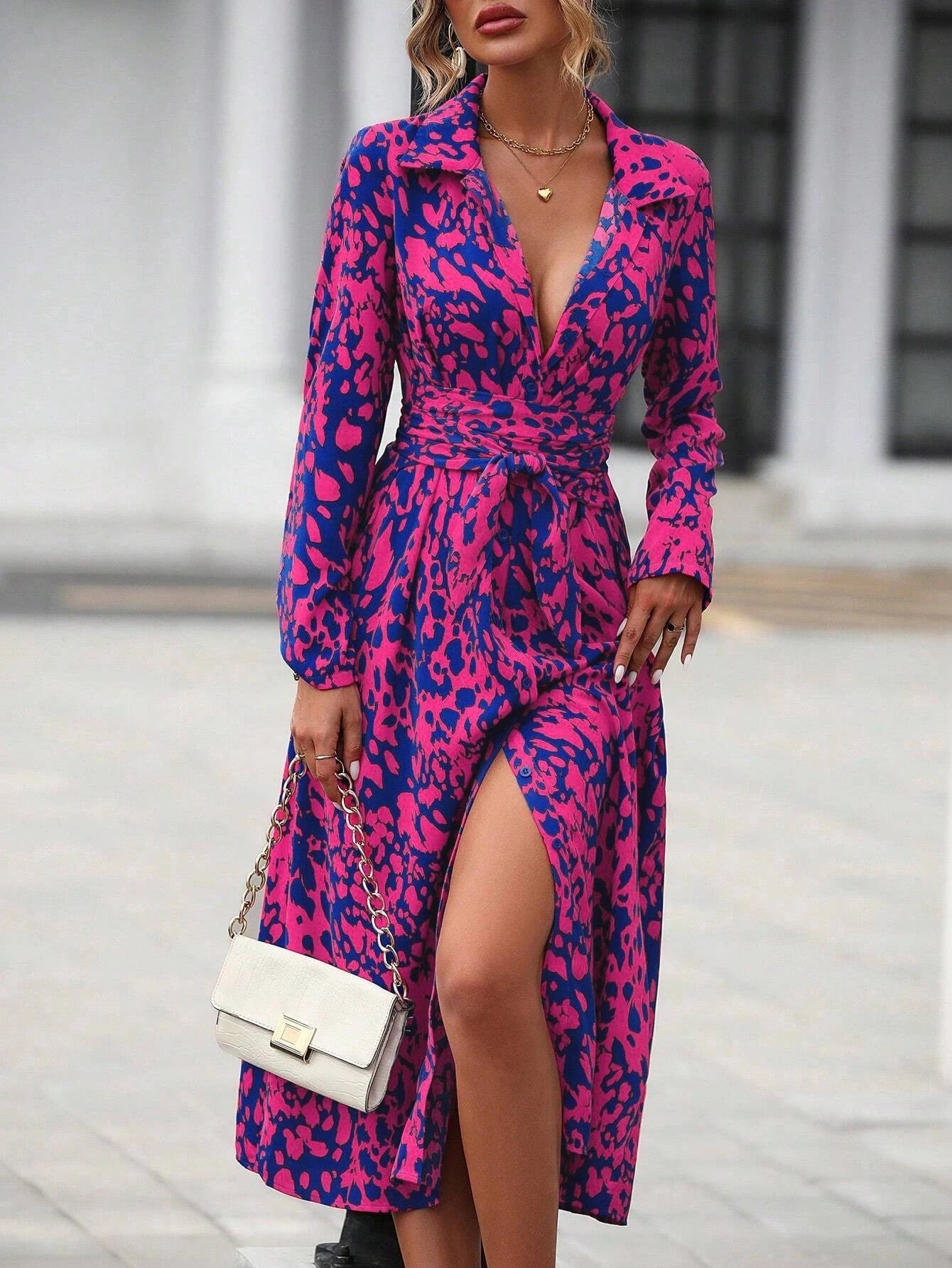 Elegant Random Print Button Down Shirt Dress Women's Long Sleeve Belted Waist Midi Dress Spring Fall Office Casual Dress - PratSN