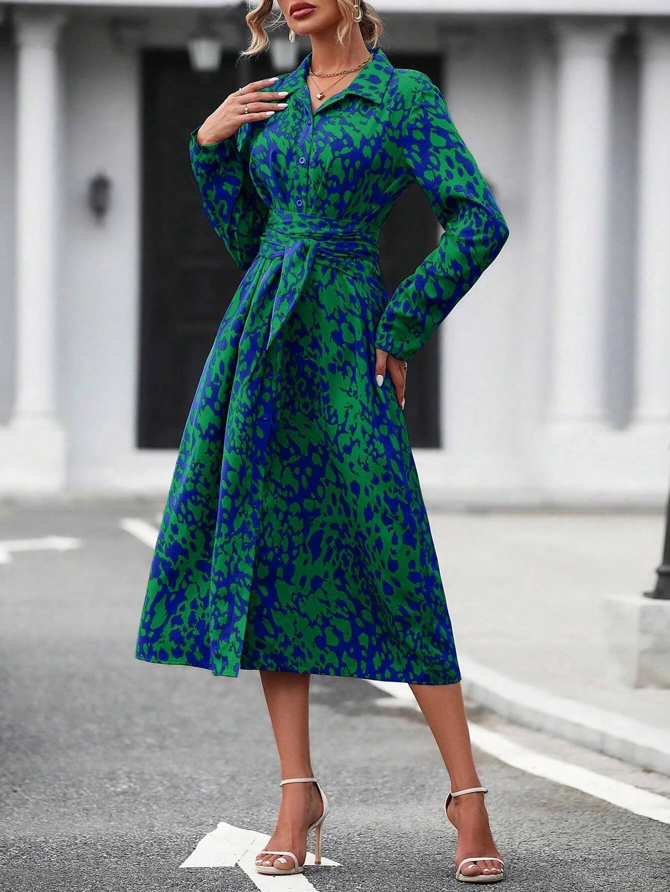 Elegant Random Print Button Down Shirt Dress Women's Long Sleeve Belted Waist Midi Dress Spring Fall Office Casual Dress - PratSN