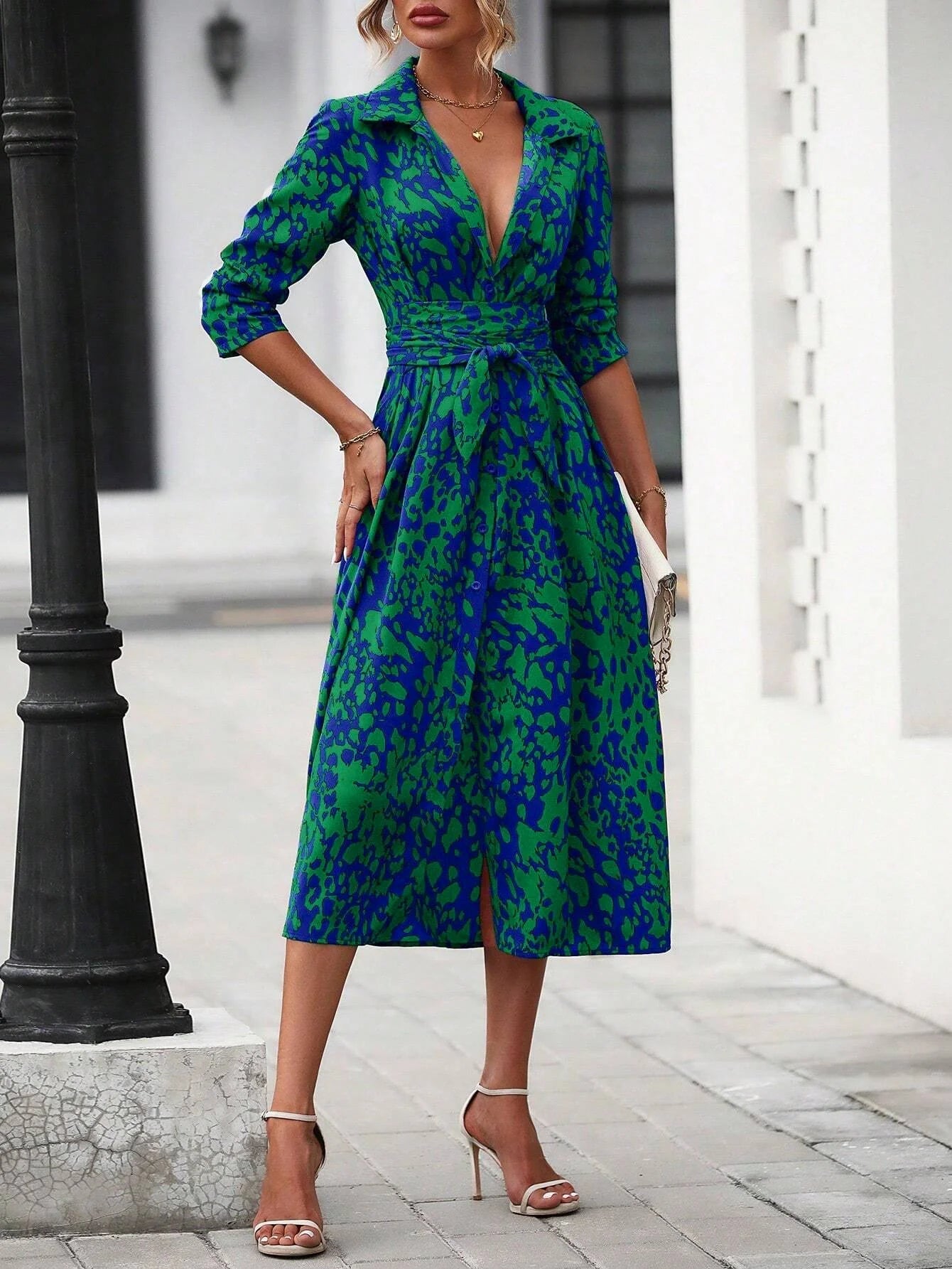Elegant Random Print Button Down Shirt Dress Women's Long Sleeve Belted Waist Midi Dress Spring Fall Office Casual Dress - PratSN