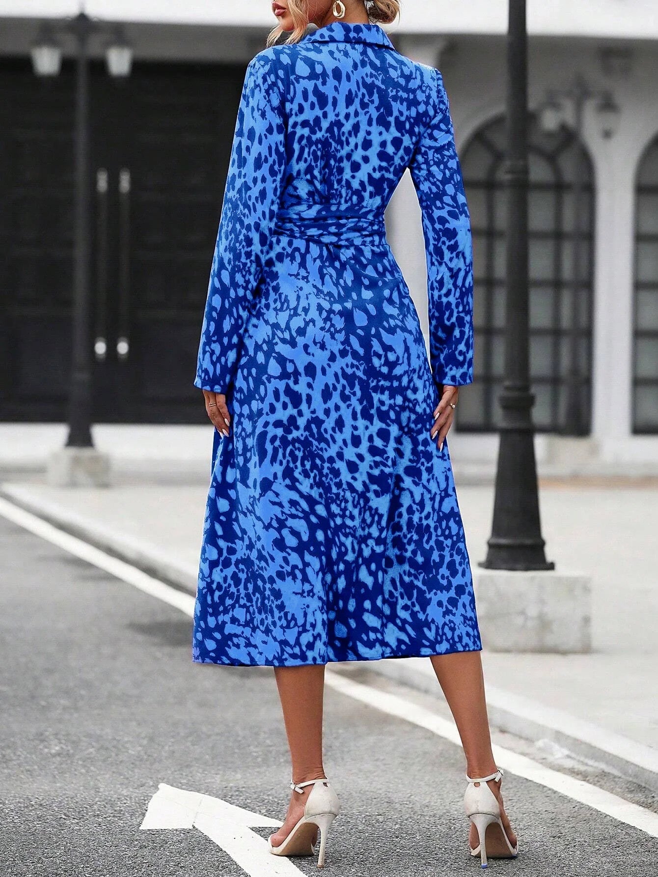 Elegant Random Print Button Down Shirt Dress Women's Long Sleeve Belted Waist Midi Dress Spring Fall Office Casual Dress - PratSN