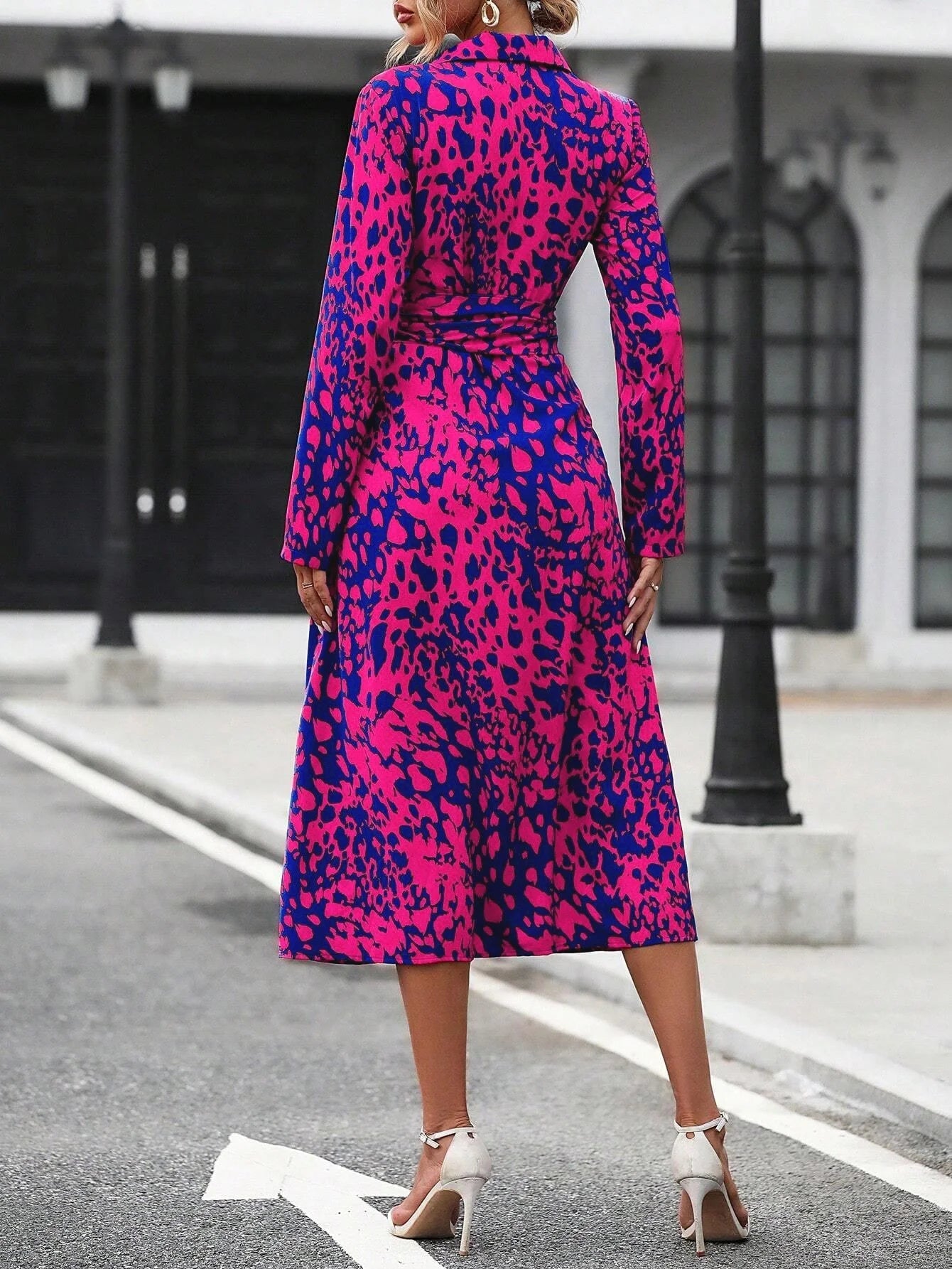 Elegant Random Print Button Down Shirt Dress Women's Long Sleeve Belted Waist Midi Dress Spring Fall Office Casual Dress - PratSN