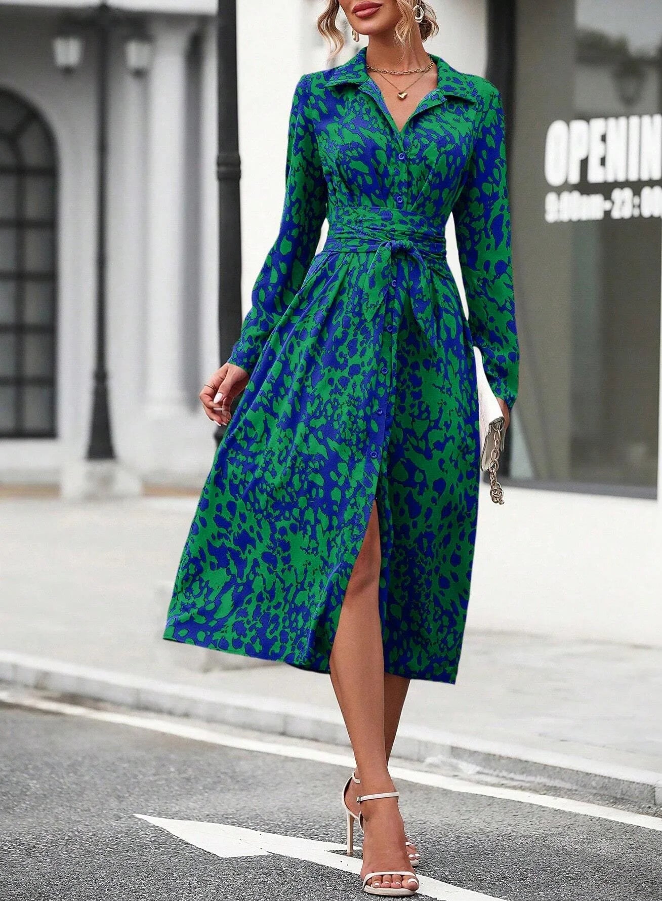 Elegant Random Print Button Down Shirt Dress Women's Long Sleeve Belted Waist Midi Dress Spring Fall Office Casual Dress - PratSN