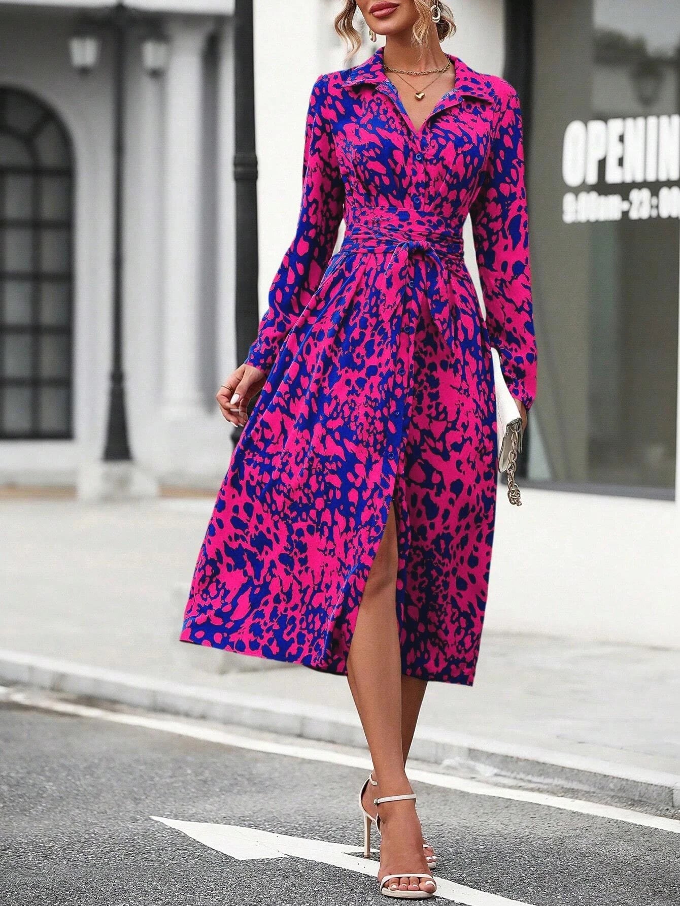 Elegant Random Print Button Down Shirt Dress Women's Long Sleeve Belted Waist Midi Dress Spring Fall Office Casual Dress - PratSN