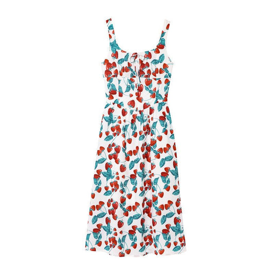 Elegant Slim - fit Cherry Print Strap Dress - PratSN