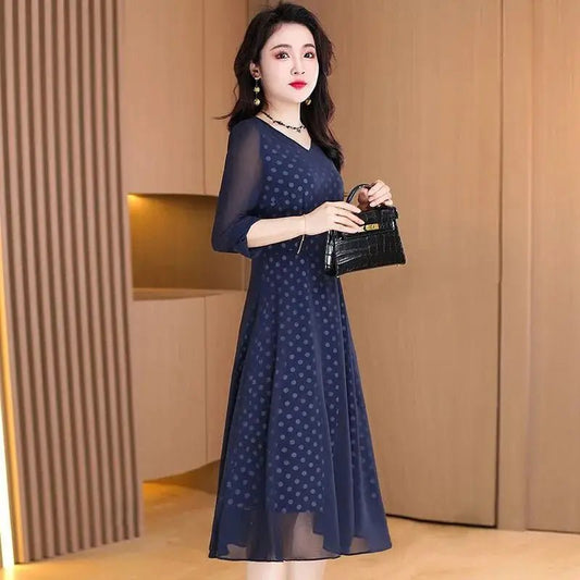 Elegant V - Neck Printed Spliced Chiffon Polka Dot Midi Dress Women's Clothing 2025 Spring Summer New Loose Chic - PratSN