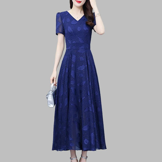 Elegant Women Long Dress 2025 Short Sleeve Summer Dress V - neck Slim A - line Jacquard Chiffon Dress Lady Vestidos - PratSN