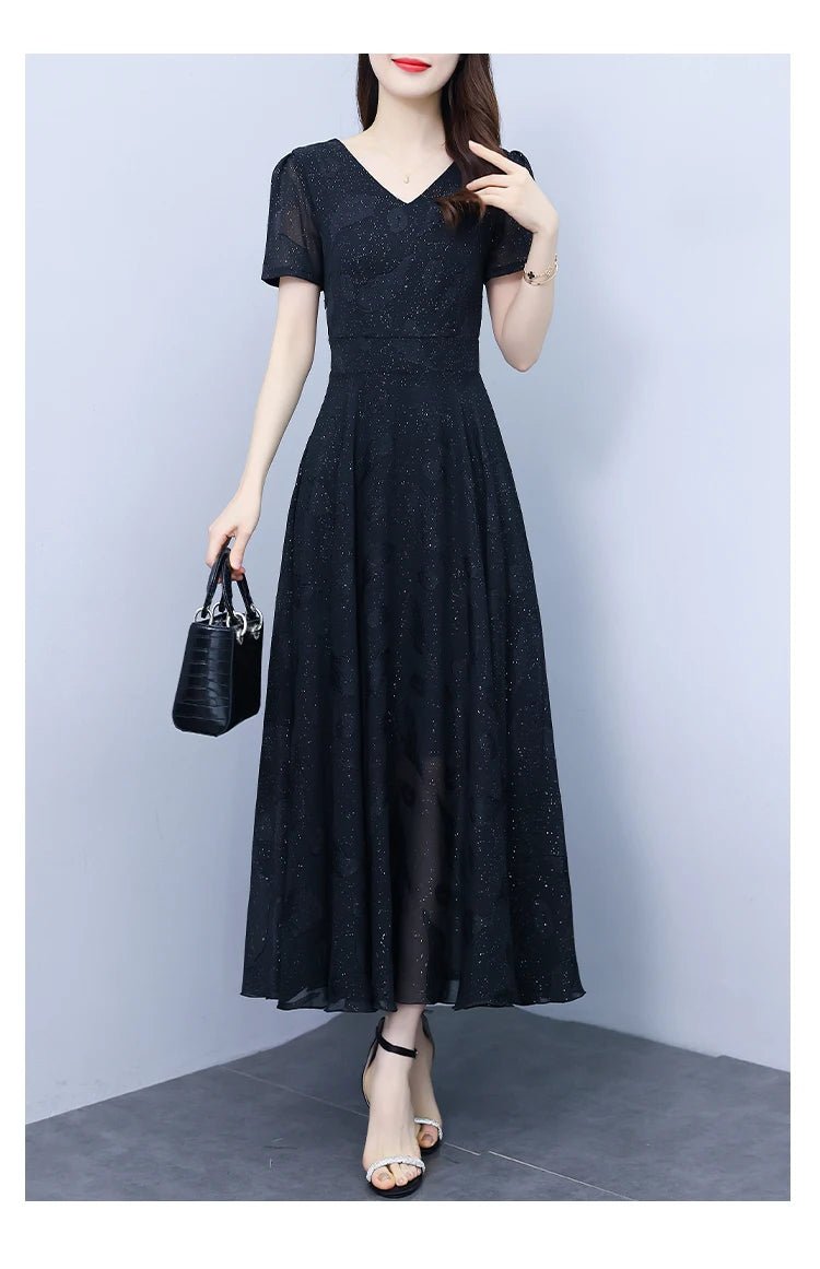 Elegant Women Long Dress 2025 Short Sleeve Summer Dress V - neck Slim A - line Jacquard Chiffon Dress Lady Vestidos - PratSN