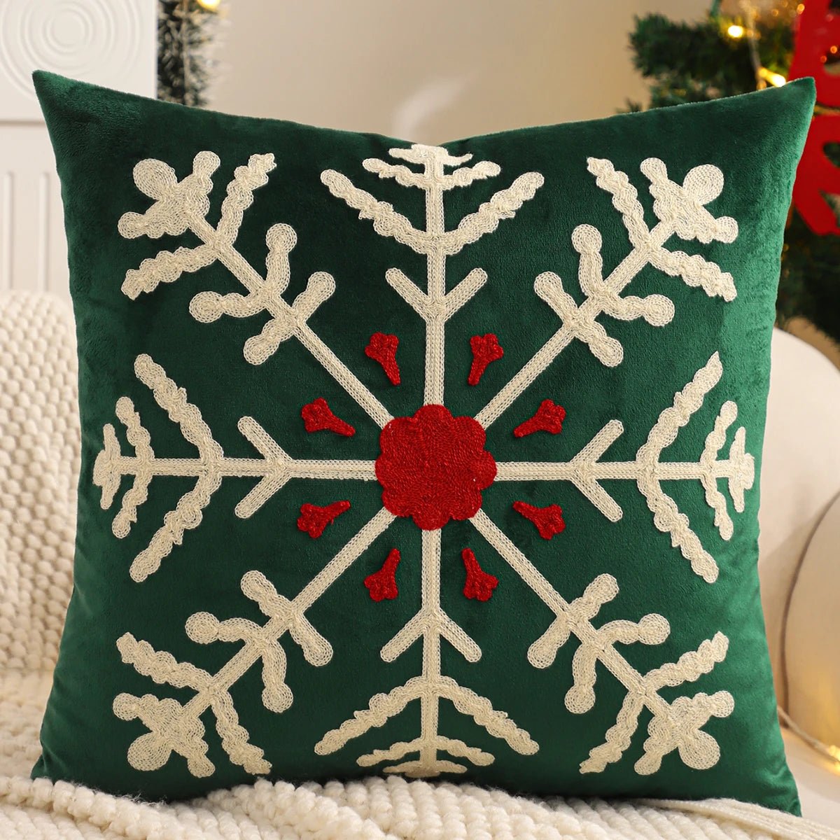 Embroidery Throw Pillow Cover Christmas Decoration Velvet Soft Christmas Tree Snowflake Winter Farmhouse Home Sofa Living Room - PratSN