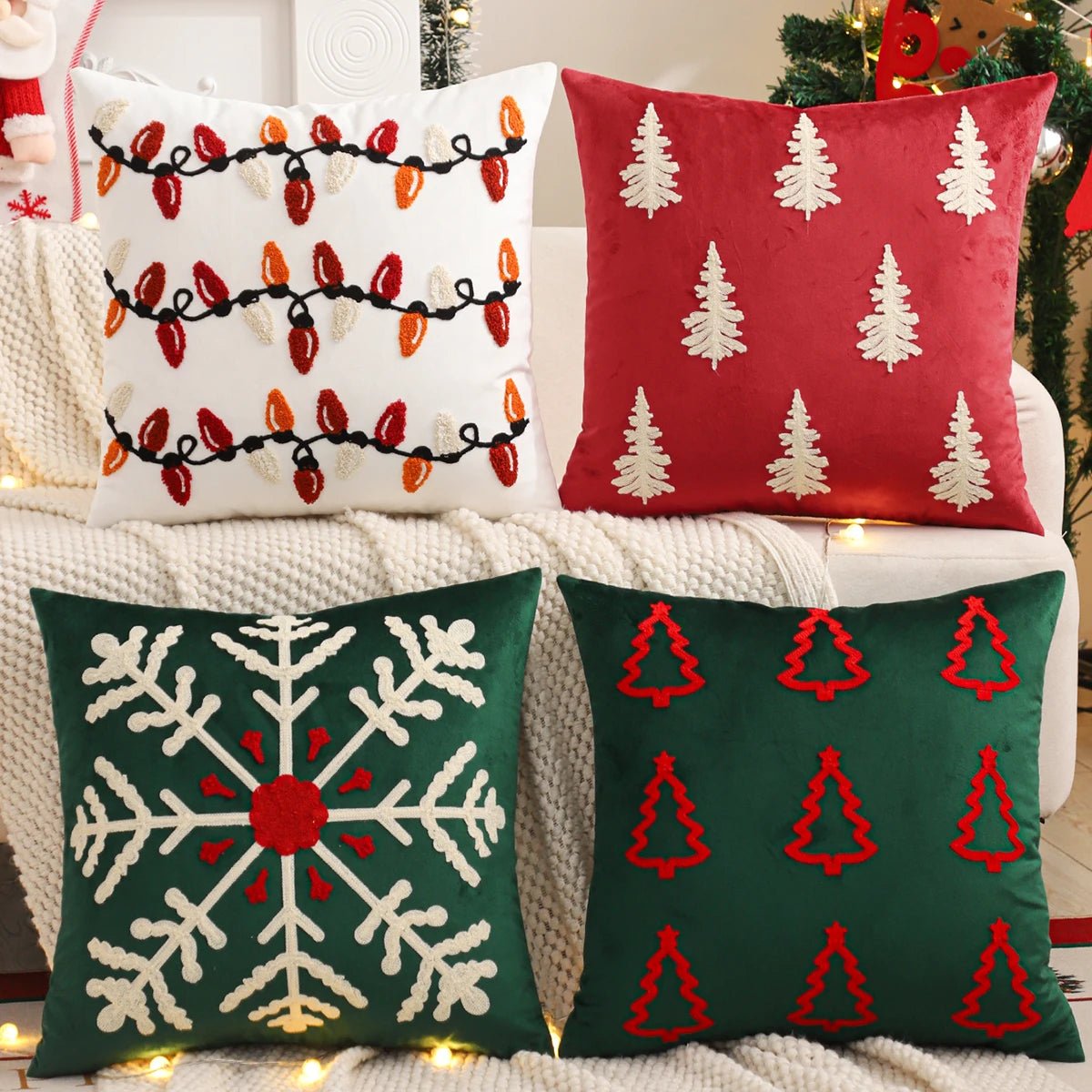 Embroidery Throw Pillow Cover Christmas Decoration Velvet Soft Christmas Tree Snowflake Winter Farmhouse Home Sofa Living Room - PratSN