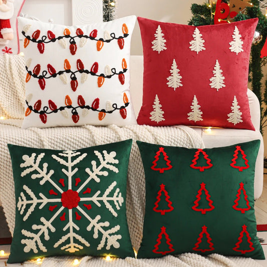Embroidery Throw Pillow Cover Christmas Decoration Velvet Soft Christmas Tree Snowflake Winter Farmhouse Home Sofa Living Room - PratSN