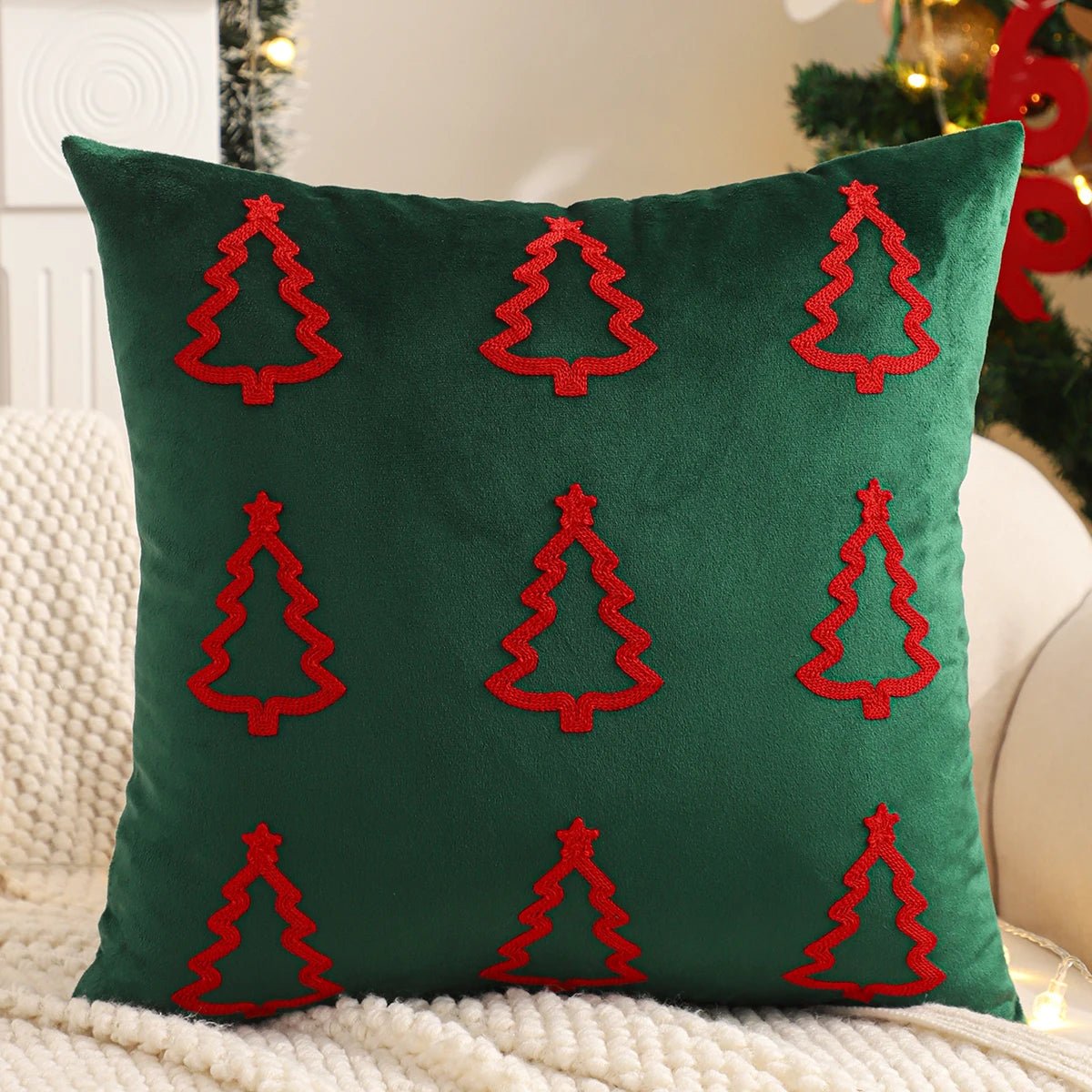 Embroidery Throw Pillow Cover Christmas Decoration Velvet Soft Christmas Tree Snowflake Winter Farmhouse Home Sofa Living Room - PratSN