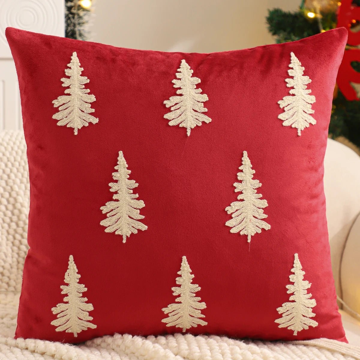 Embroidery Throw Pillow Cover Christmas Decoration Velvet Soft Christmas Tree Snowflake Winter Farmhouse Home Sofa Living Room - PratSN