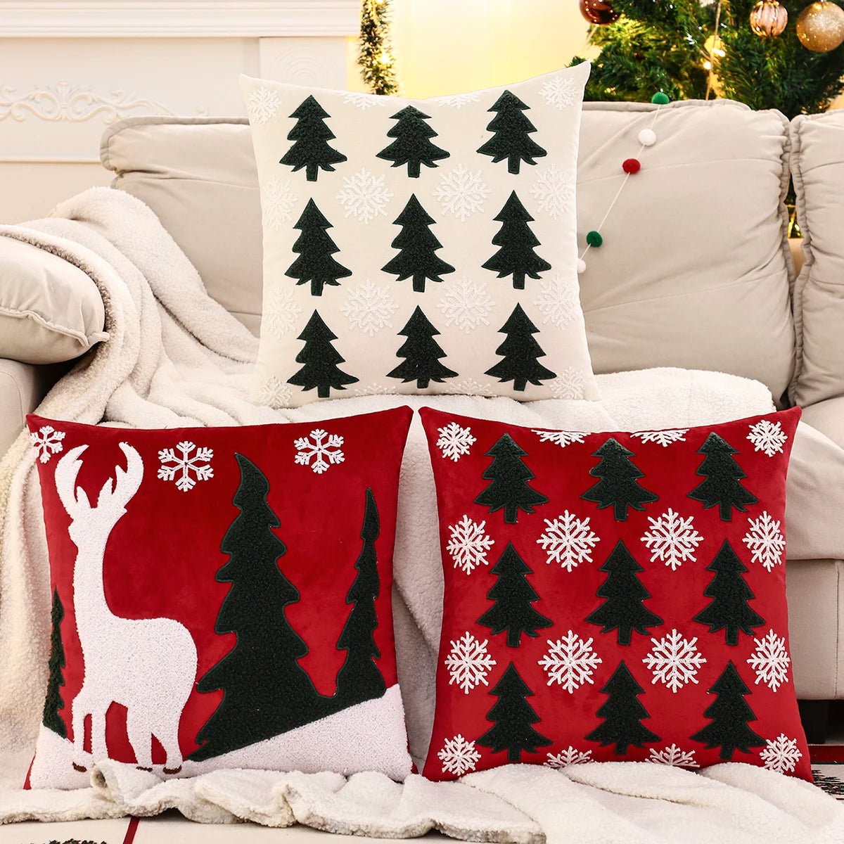 Embroidery Throw Pillow Cover Christmas Decoration Velvet Soft Christmas Tree Winter Farmhouse Home Hotel Sofa Living Room - PratSN
