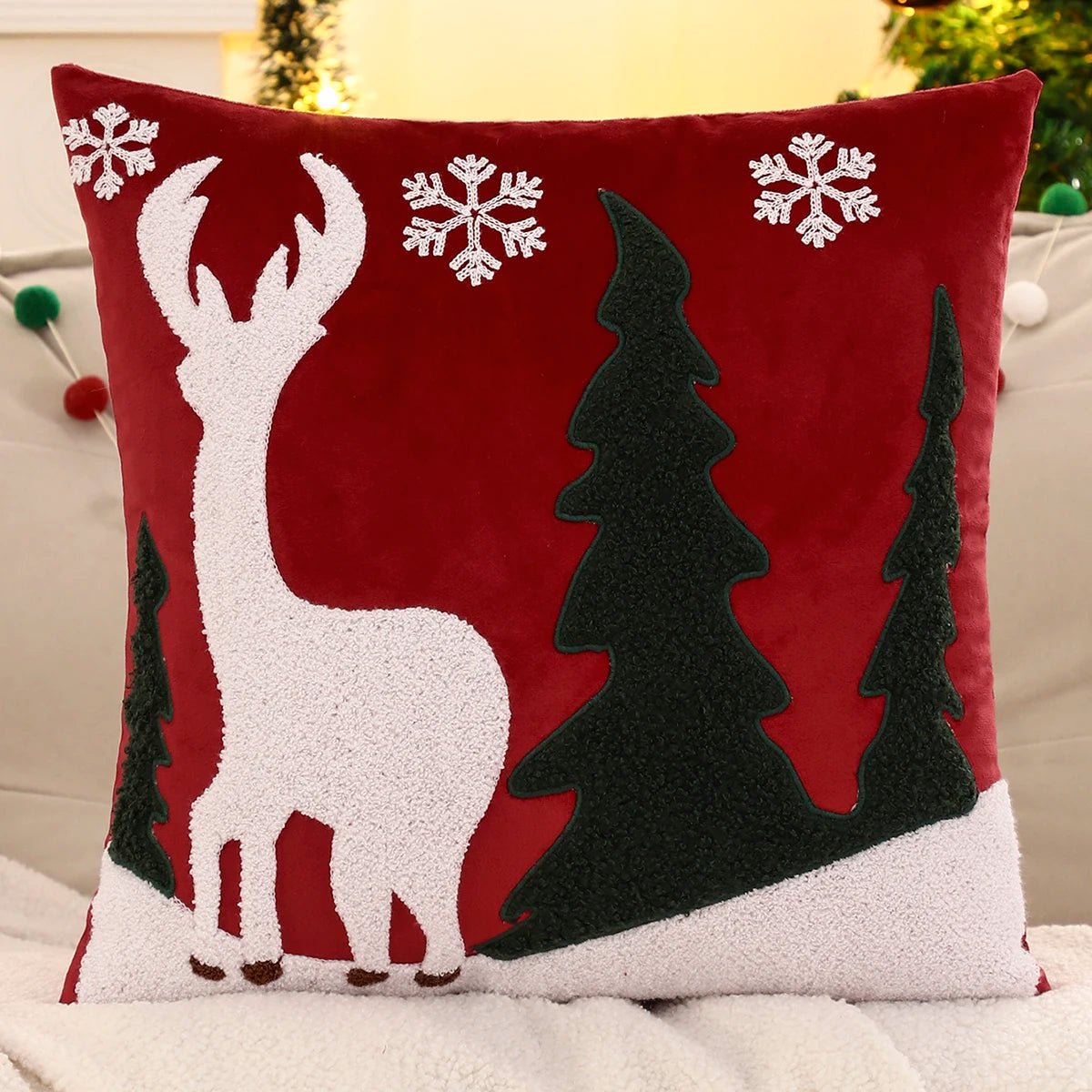 Embroidery Throw Pillow Cover Christmas Decoration Velvet Soft Christmas Tree Winter Farmhouse Home Hotel Sofa Living Room - PratSN