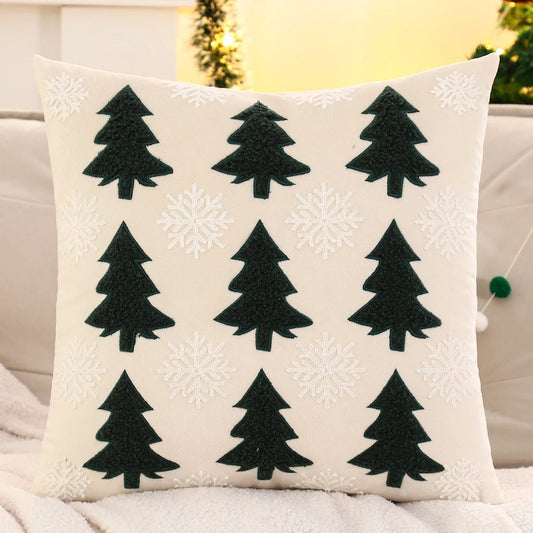 Embroidery Throw Pillow Cover Christmas Decoration Velvet Soft Christmas Tree Winter Farmhouse Home Hotel Sofa Living Room - PratSN