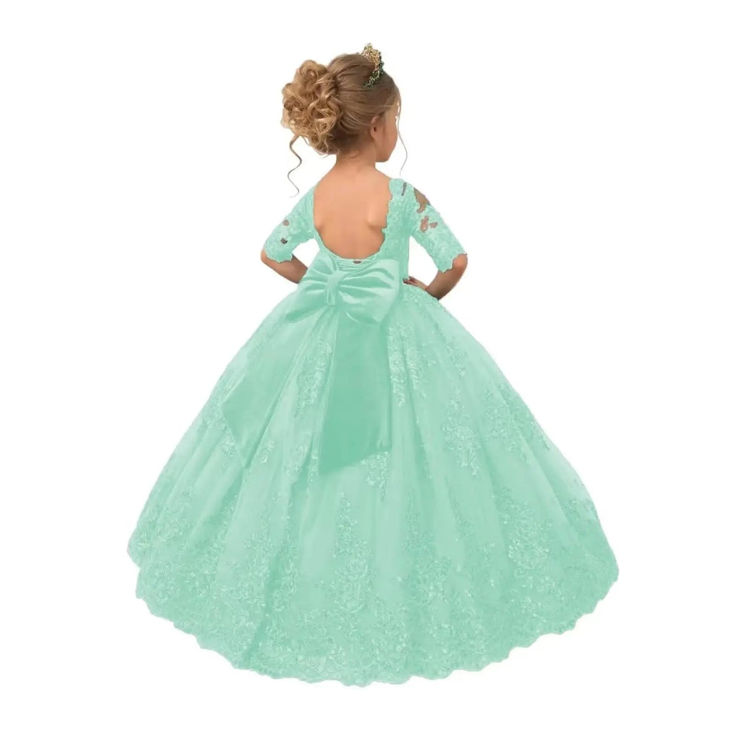 Emerald Green Long Princess Flower Girl Dresses Appliques Bow Tulle Half Sleeve Wedding Party Ball Gown Birthday Pageant Robe - PratSN