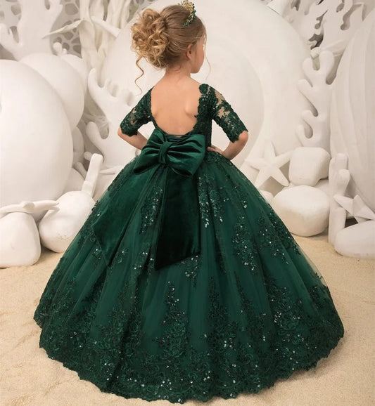 Emerald Green Long Princess Flower Girl Dresses Appliques Bow Tulle Half Sleeve Wedding Party Ball Gown Birthday Pageant Robe - PratSN
