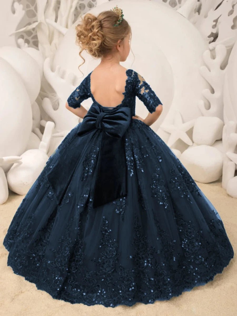 Emerald Green Long Princess Flower Girl Dresses Appliques Bow Tulle Half Sleeve Wedding Party Ball Gown Birthday Pageant Robe - PratSN