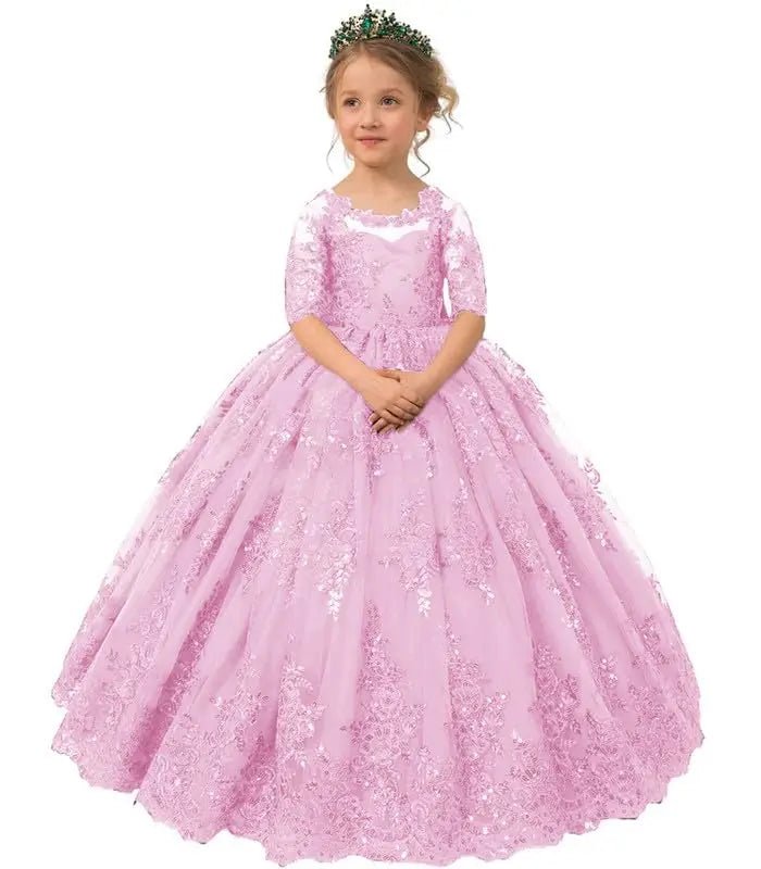 Emerald Green Long Princess Flower Girl Dresses Appliques Bow Tulle Half Sleeve Wedding Party Ball Gown Birthday Pageant Robe - PratSN