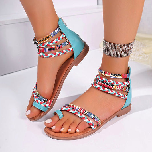 Ethnic Style Flat Sandals Summer Clip Toe Colorful Weave - striped Shoes - PratSN