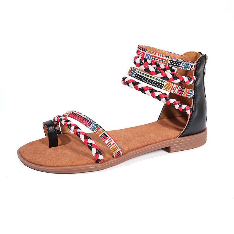 Ethnic Style Flat Sandals Summer Clip Toe Colorful Weave - striped Shoes - PratSN
