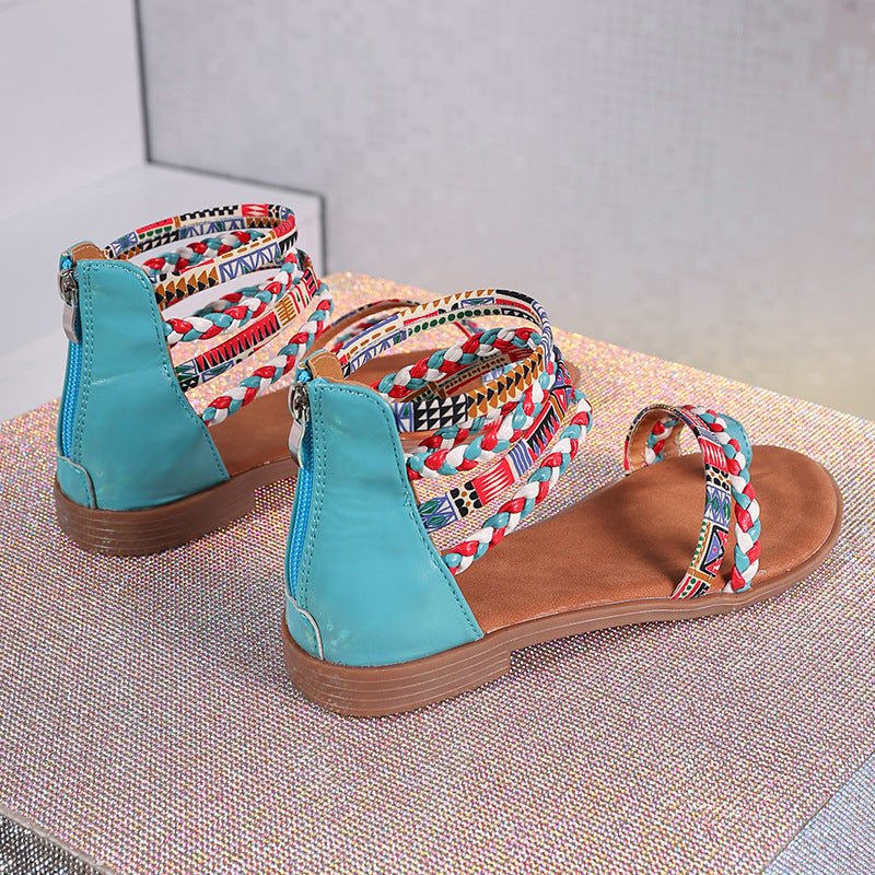 Ethnic Style Flat Sandals Summer Clip Toe Colorful Weave - striped Shoes - PratSN
