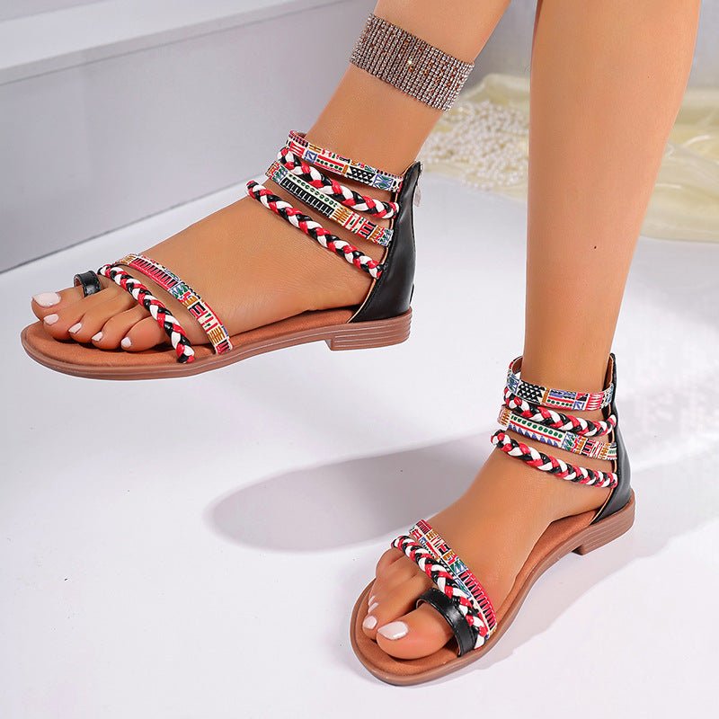 Ethnic Style Flat Sandals Summer Clip Toe Colorful Weave - striped Shoes - PratSN