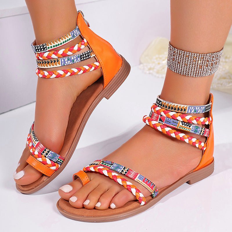 Ethnic Style Flat Sandals Summer Clip Toe Colorful Weave - striped Shoes - PratSN