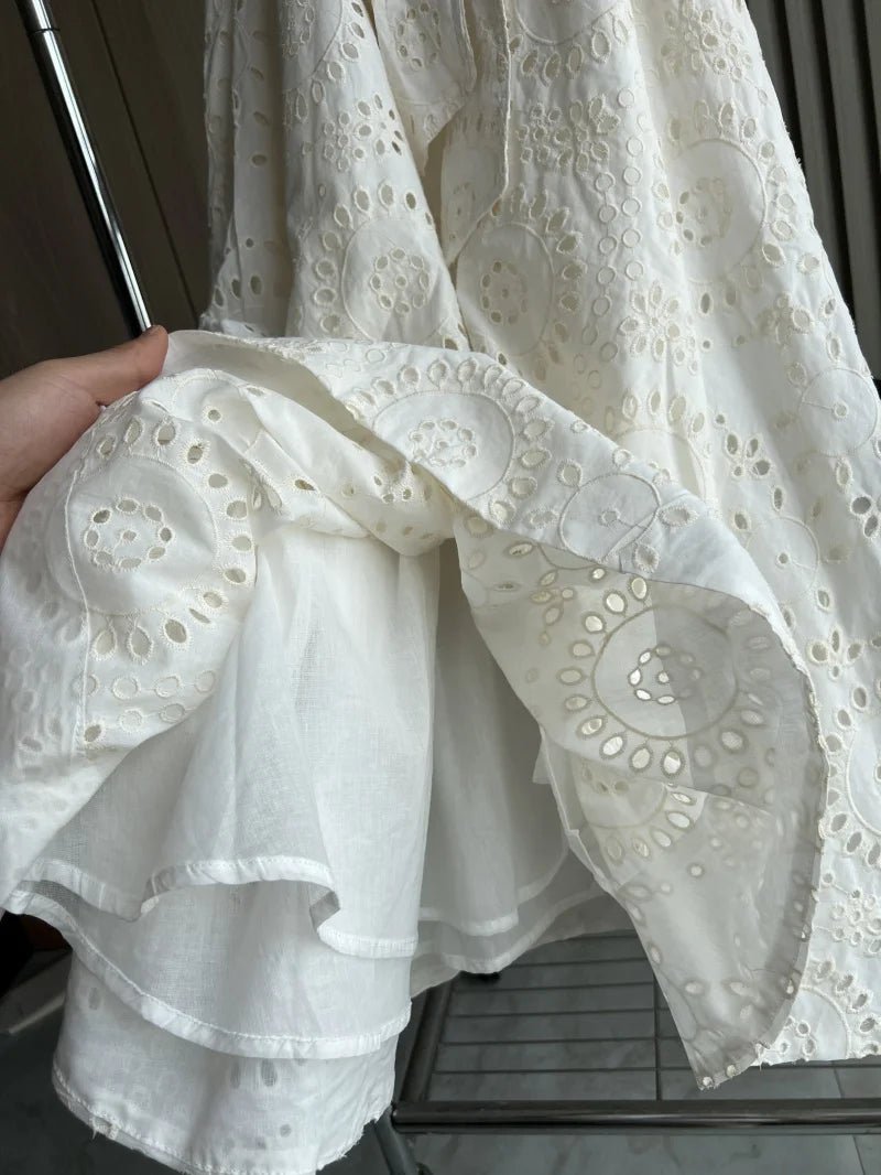 ETJ 2025 new TRAF women's elegant fashion hollow embroidery cotton shirt lapel short - sleeved dress temperament long skirt - PratSN