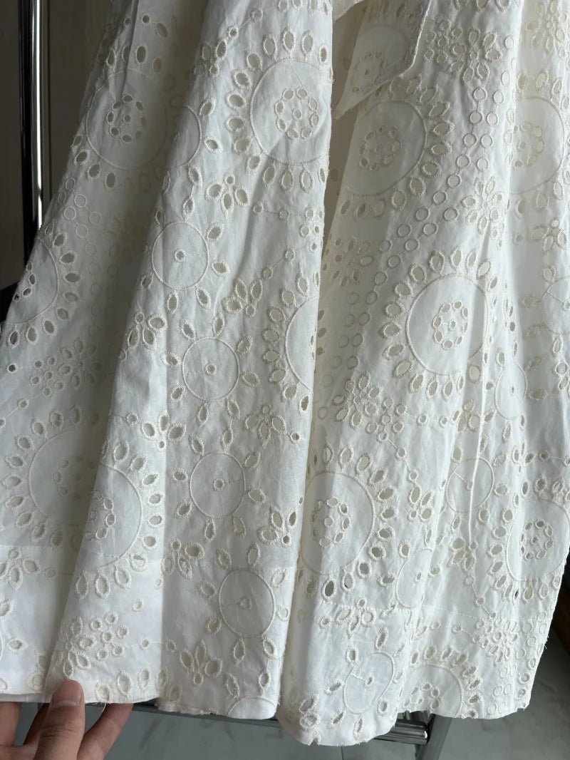 ETJ 2025 new TRAF women's elegant fashion hollow embroidery cotton shirt lapel short - sleeved dress temperament long skirt - PratSN