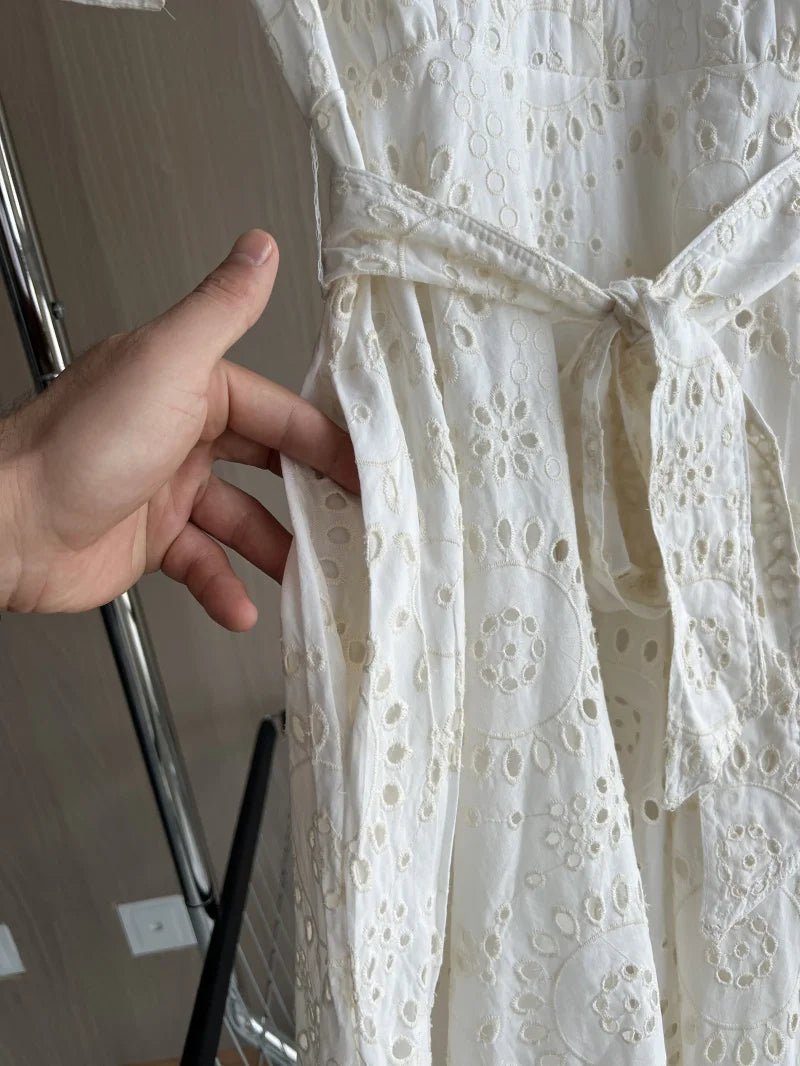 ETJ 2025 new TRAF women's elegant fashion hollow embroidery cotton shirt lapel short - sleeved dress temperament long skirt - PratSN