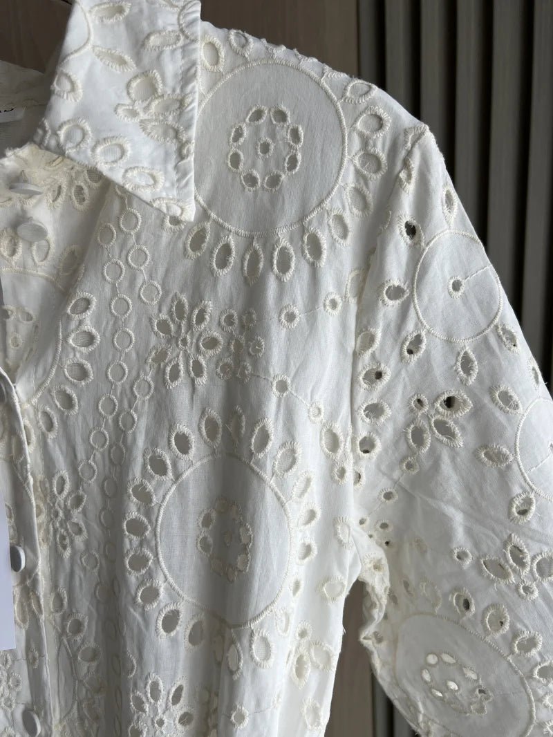 ETJ 2025 new TRAF women's elegant fashion hollow embroidery cotton shirt lapel short - sleeved dress temperament long skirt - PratSN