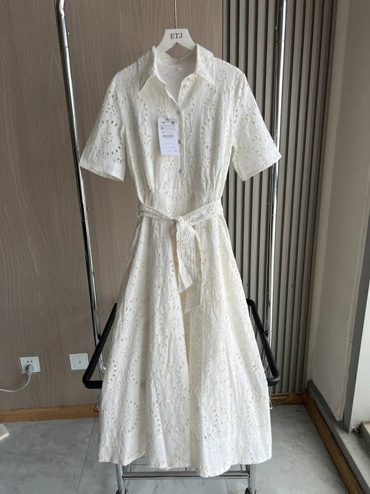 ETJ 2025 new TRAF women's elegant fashion hollow embroidery cotton shirt lapel short - sleeved dress temperament long skirt - PratSN