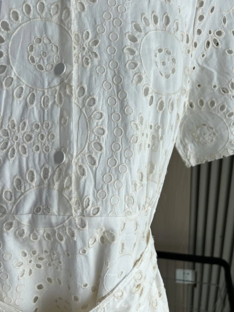 ETJ 2025 new TRAF women's elegant fashion hollow embroidery cotton shirt lapel short - sleeved dress temperament long skirt - PratSN