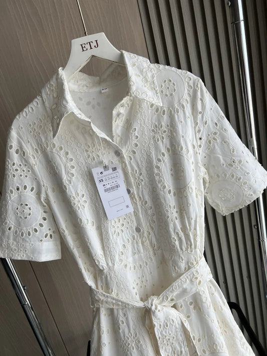 ETJ 2025 new TRAF women's elegant fashion hollow embroidery cotton shirt lapel short - sleeved dress temperament long skirt - PratSN