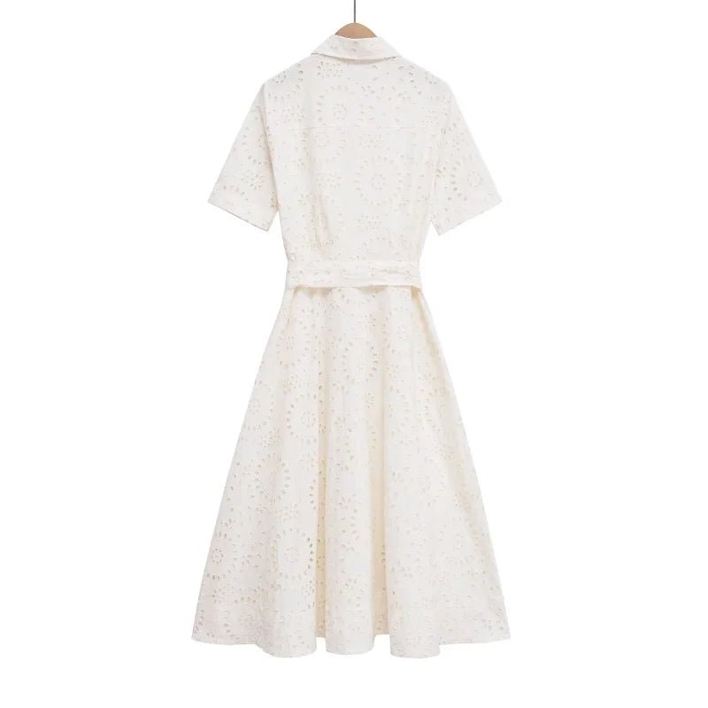 ETJ 2025 new TRAF women's elegant fashion hollow embroidery cotton shirt lapel short - sleeved dress temperament long skirt - PratSN