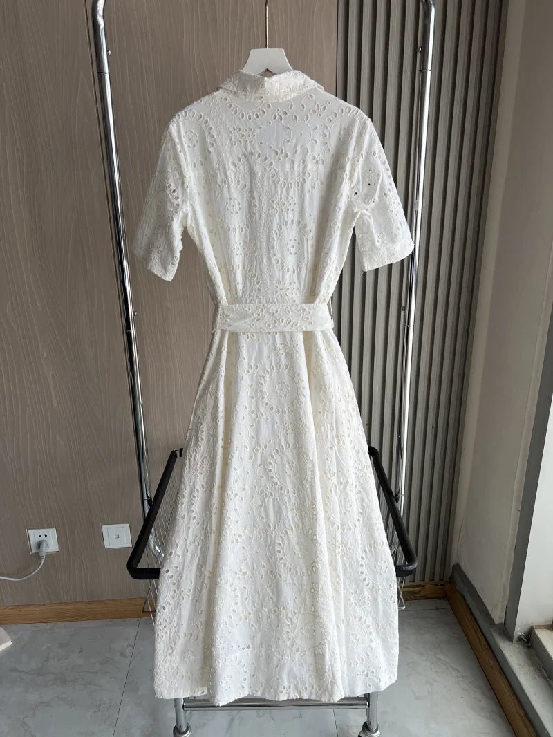 ETJ 2025 new TRAF women's elegant fashion hollow embroidery cotton shirt lapel short - sleeved dress temperament long skirt - PratSN