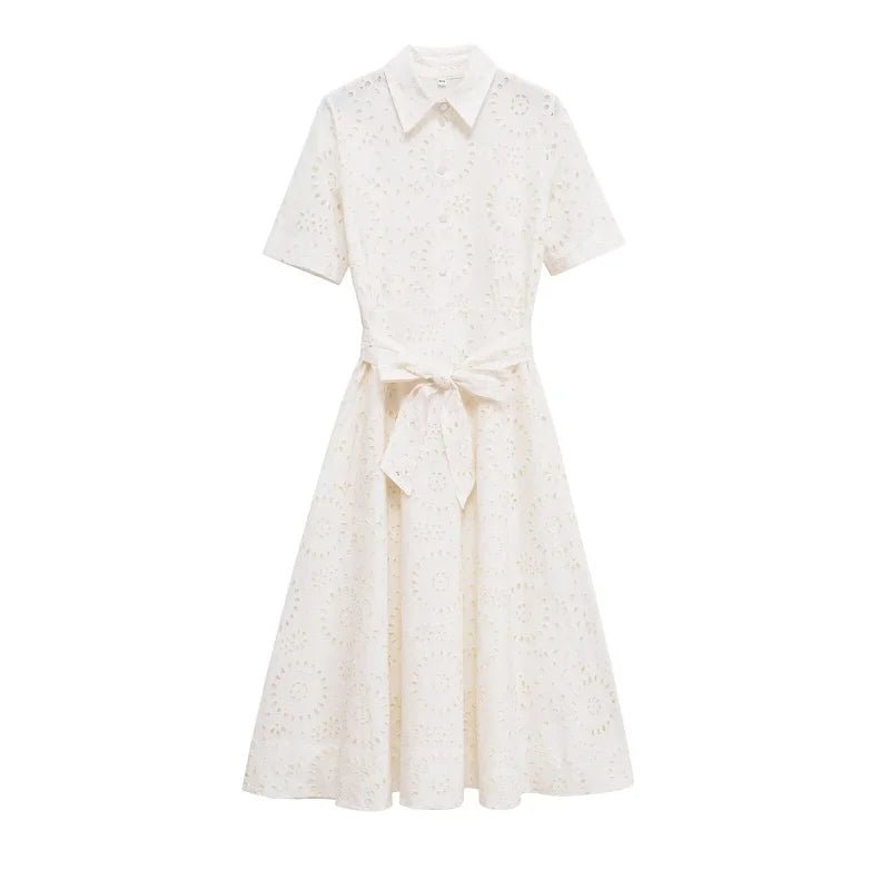 ETJ 2025 new TRAF women's elegant fashion hollow embroidery cotton shirt lapel short - sleeved dress temperament long skirt - PratSN