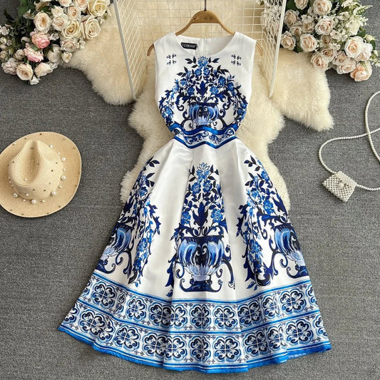 Europe and the United States Senior Sense of Fashion Round Neck Waist Sleeveless Blue Printed Dress Summer - PratSN