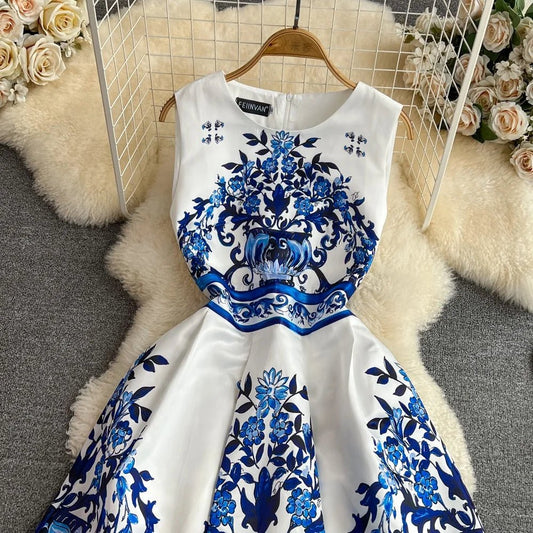 Europe and the United States Senior Sense of Fashion Round Neck Waist Sleeveless Blue Printed Dress Summer - PratSN