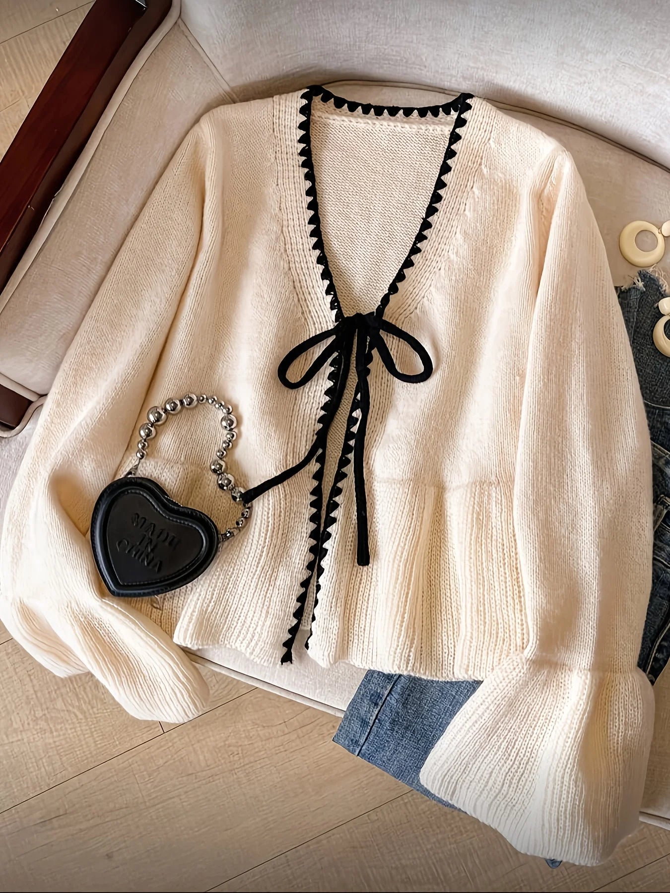 European American women's autumn and winter knitted cardigan lace - up sweater coat solid color loose long - sleeved top jacket - PratSN