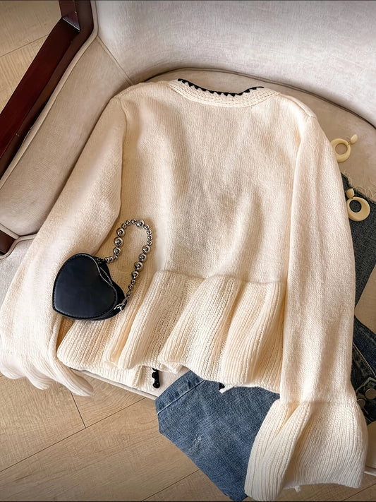 European American women's autumn and winter knitted cardigan lace - up sweater coat solid color loose long - sleeved top jacket - PratSN