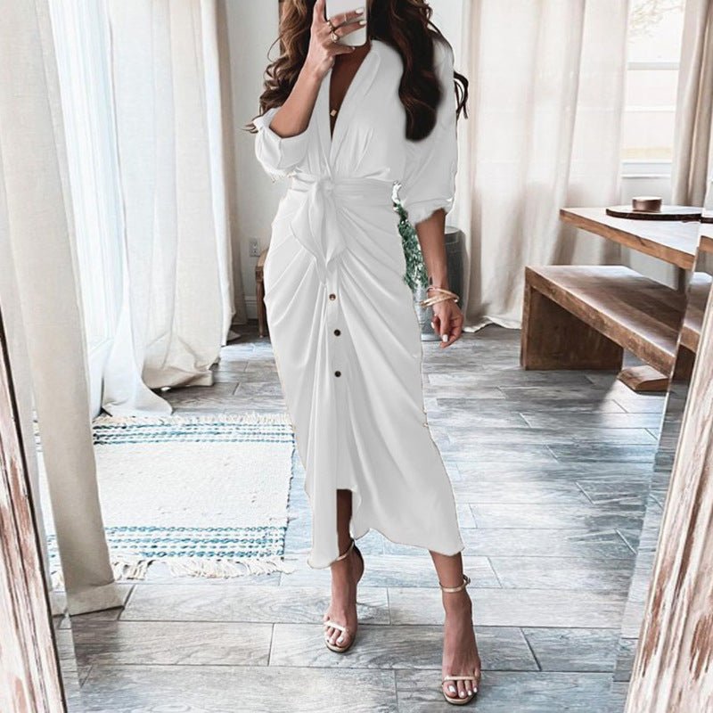 European And American Print Long - Sleeved Lace - Up Single - Breasted Shirt Dress - PratSN