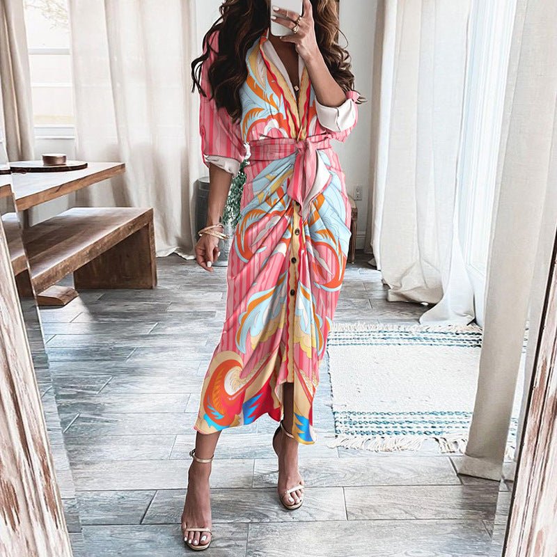 European And American Print Long - Sleeved Lace - Up Single - Breasted Shirt Dress - PratSN