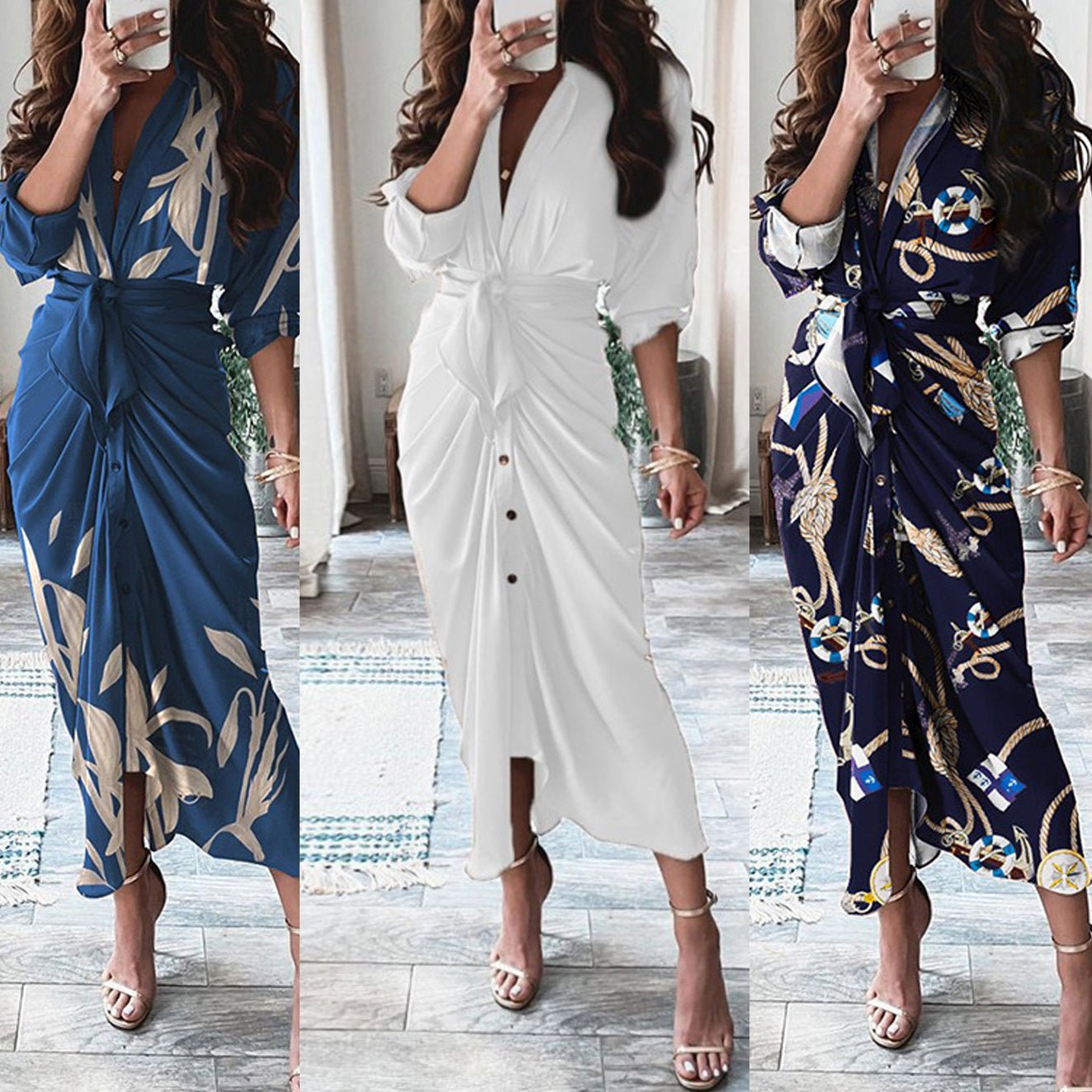 European And American Print Long - Sleeved Lace - Up Single - Breasted Shirt Dress - PratSN