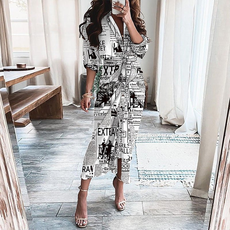 European And American Print Long - Sleeved Lace - Up Single - Breasted Shirt Dress - PratSN