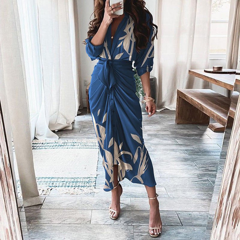 European And American Print Long - Sleeved Lace - Up Single - Breasted Shirt Dress - PratSN