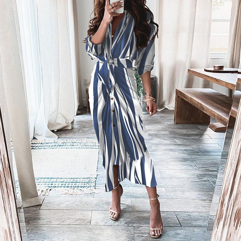 European And American Print Long - Sleeved Lace - Up Single - Breasted Shirt Dress - PratSN